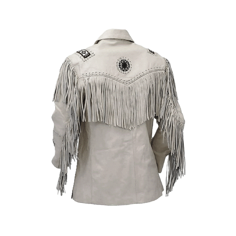 Western White Leather Fringe Beaded Leather Jacket LWJ604