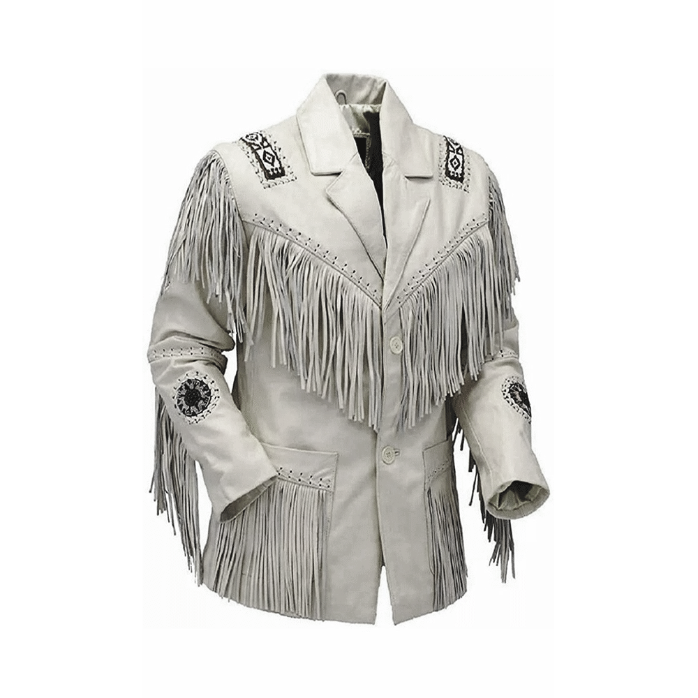 Western White Leather Fringe Beaded Leather Jacket LWJ604