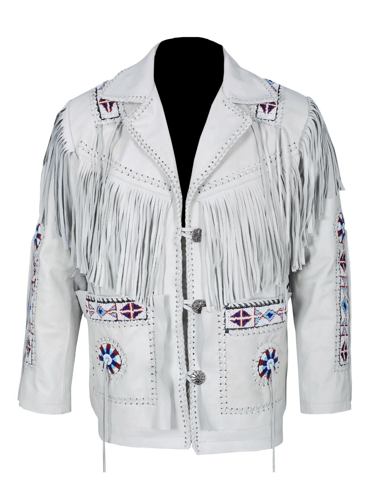 White Leather Fringe Beaded Jacket For Men