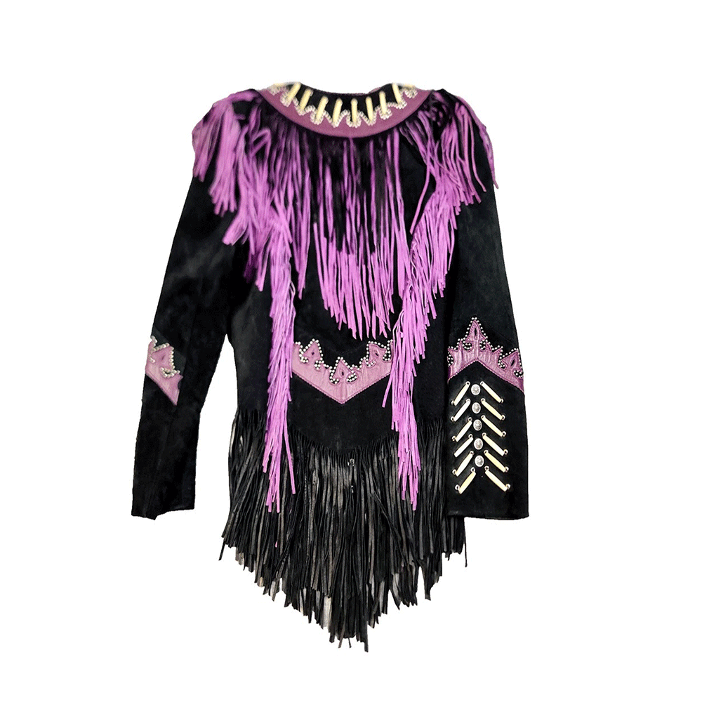 Women’s Black Suede Leather Fringes Bone Jacket Cowgirl Jacket WFJ9023