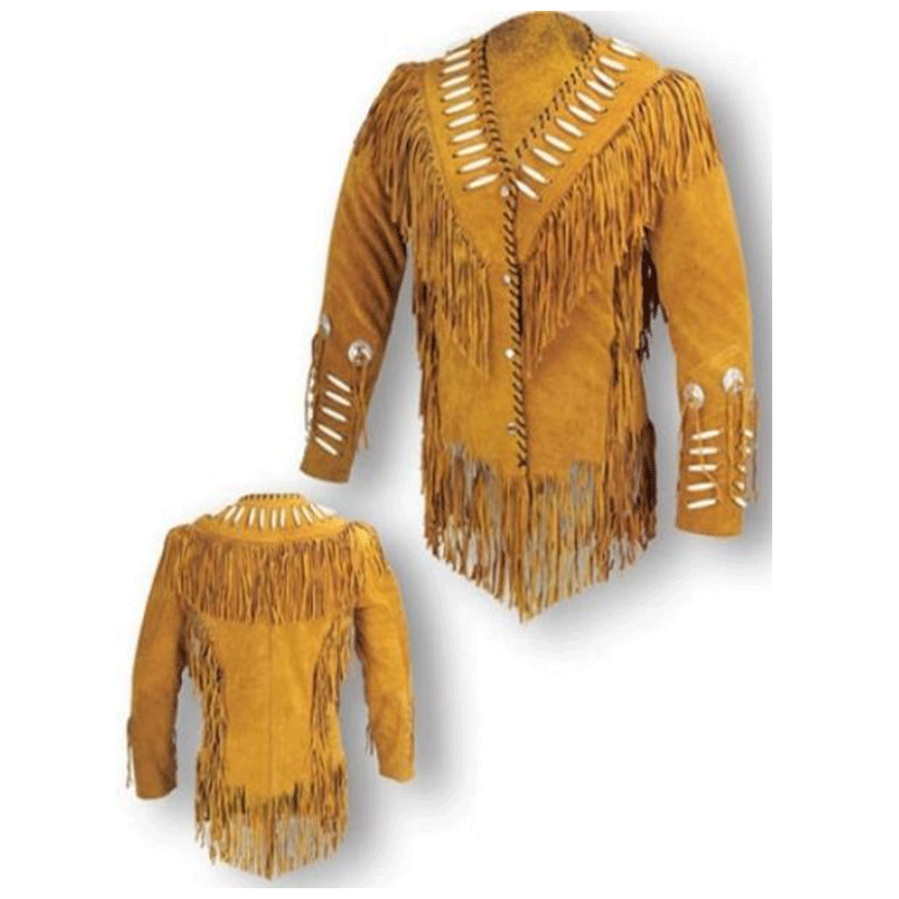 Western Yellow Fringe Bone Suede Leather Jacket Cowboy Jacket LWJ8840