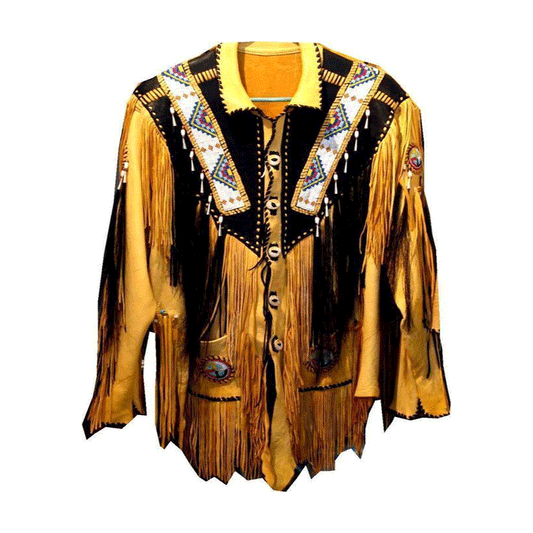 Western Yellow Fringe Beaded Leather Jacket Cowboy Jacket LWJ8790