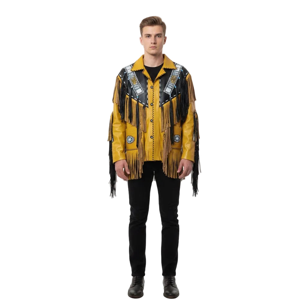 Man wearing a yellow fringed jacket with black accents on a white background