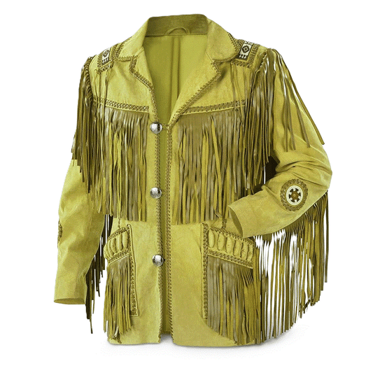 Western Fringe Yellow Leather Beaded Jacket Cowboy Jacket LWJ875