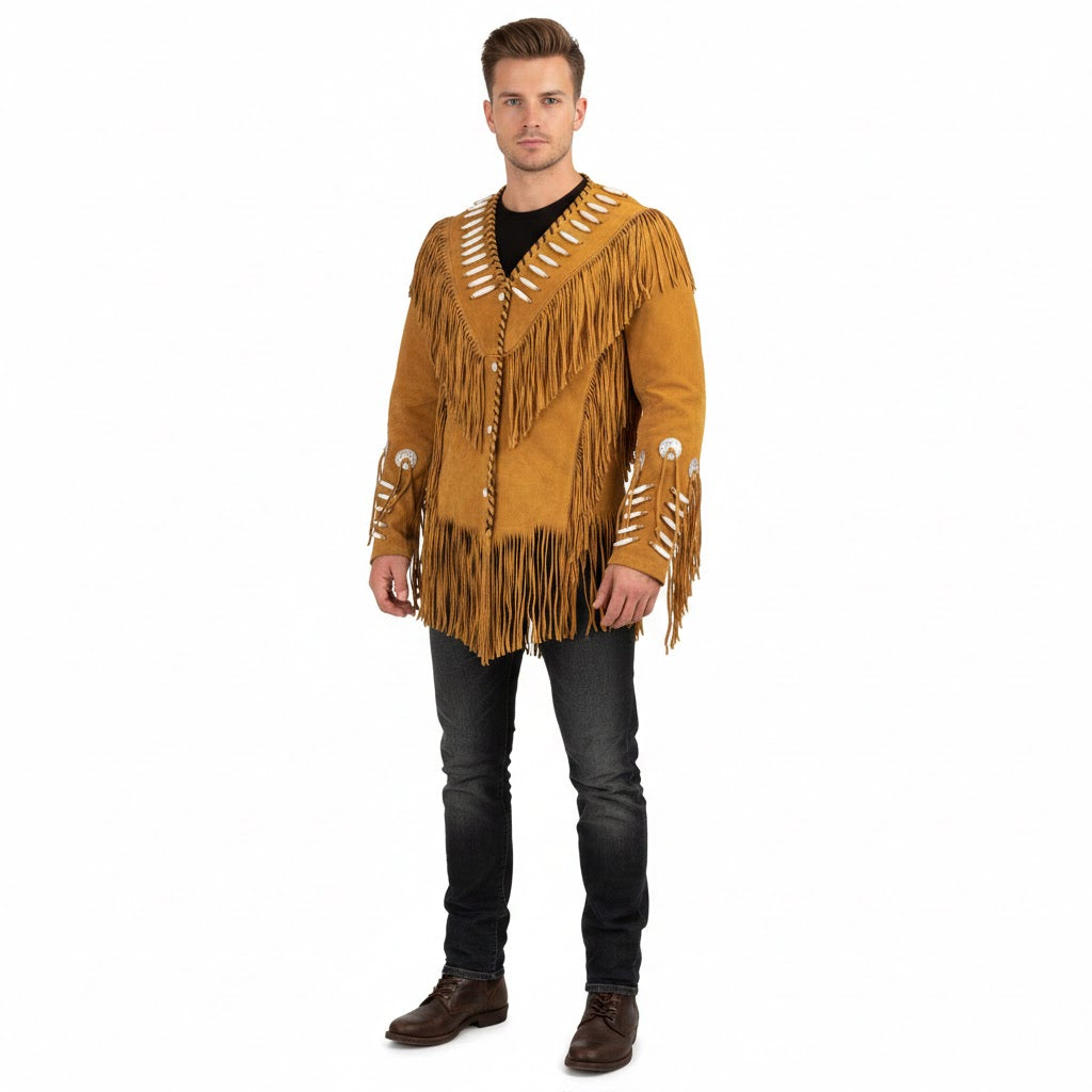 Man wearing a brown fringed jacket on a white background