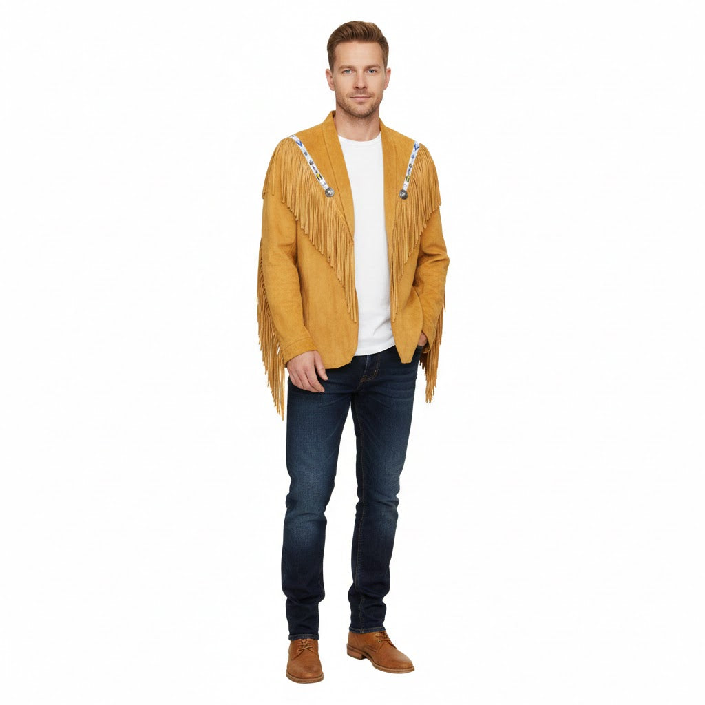 Man wearing a mustard yellow fringed jacket on a white background