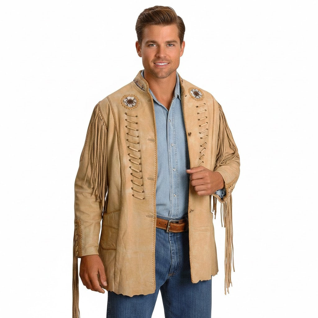 Western Beige Fringe Beaded Leather Jacket Cowboy Jacket WJ1190