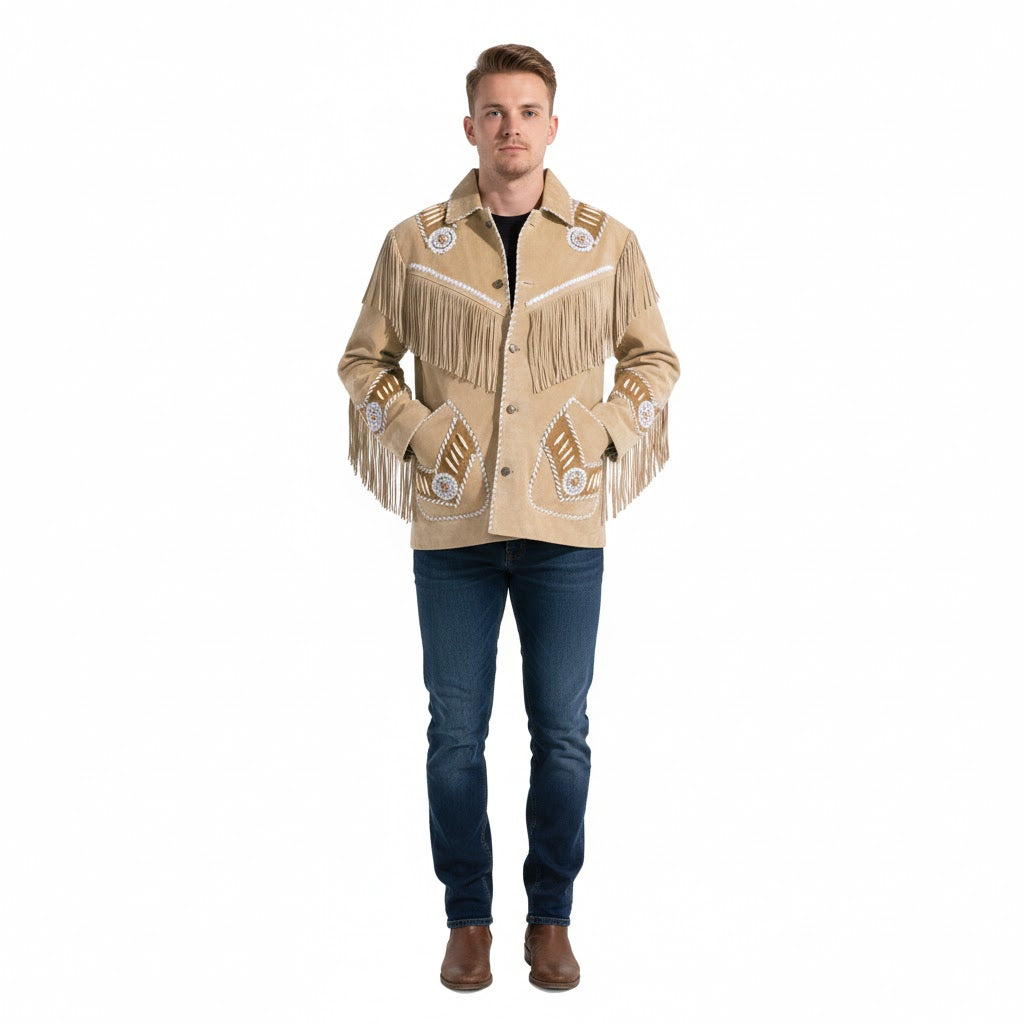 Man wearing a beige fringed jacket on a white background