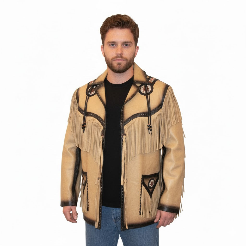 Man wearing a beige leather jacket with fringes and decorative elements on a white background