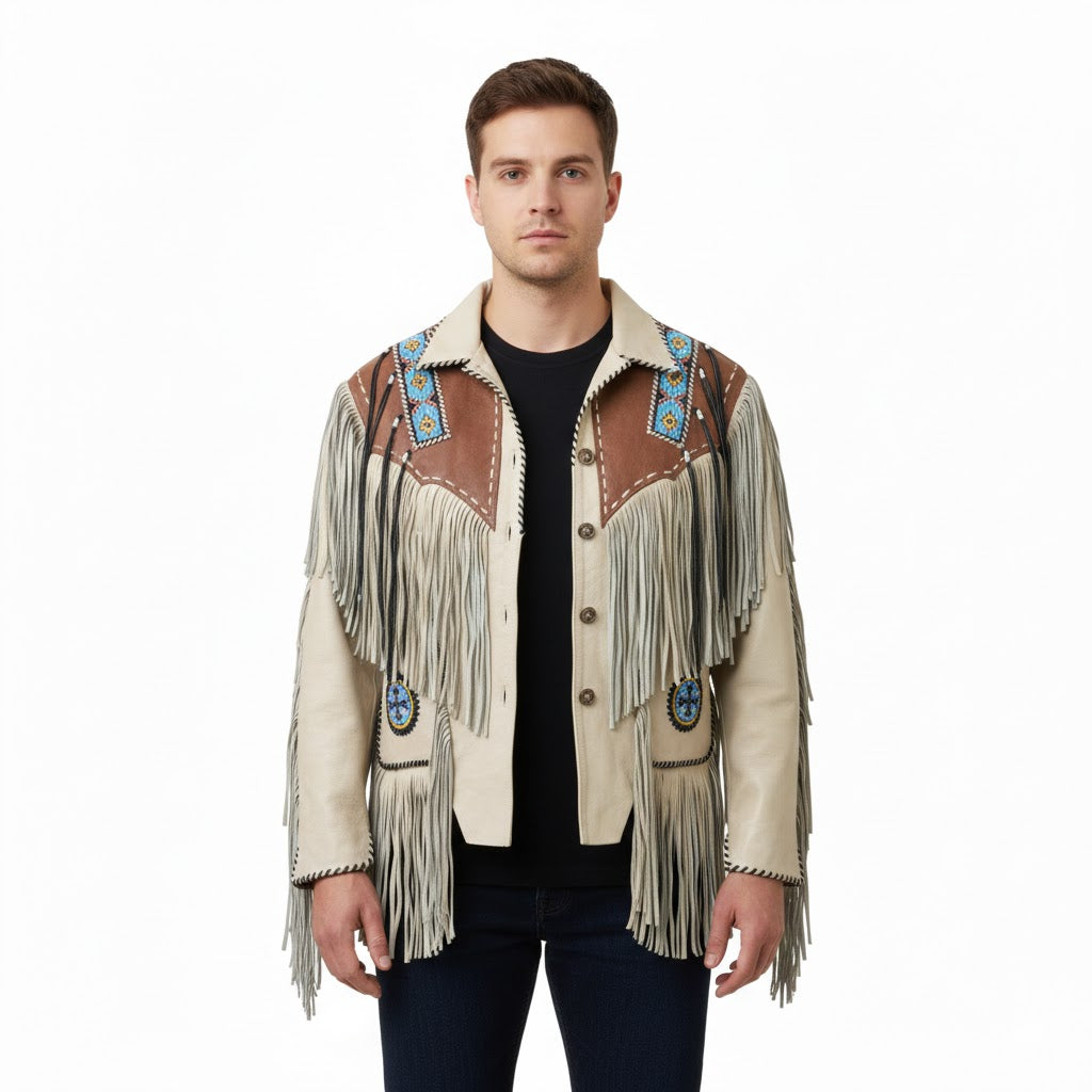 Man wearing a fringed western-style jacket on a white background