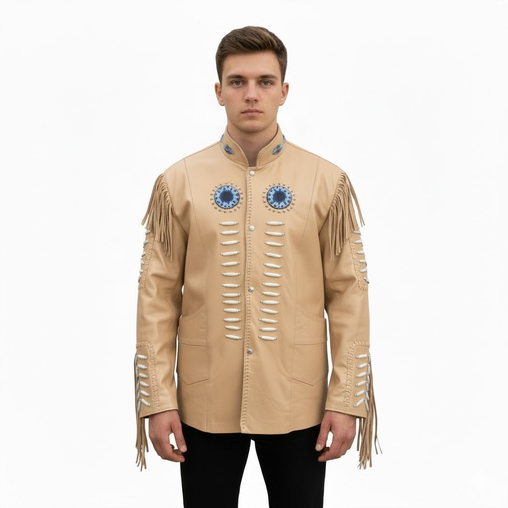 Man wearing a beige leather jacket with fringe and blue embroidery on a white background