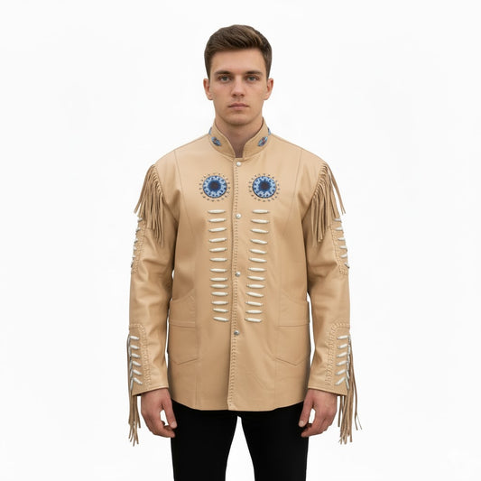 Man wearing a beige leather jacket with fringe and blue embroidery on a white background