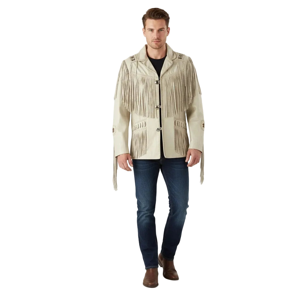 Man wearing a beige fringed jacket on a white background
