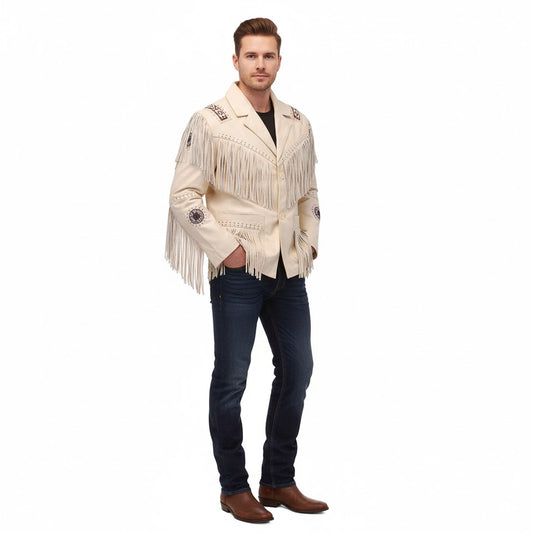 beige leather fringe jacket for mens
