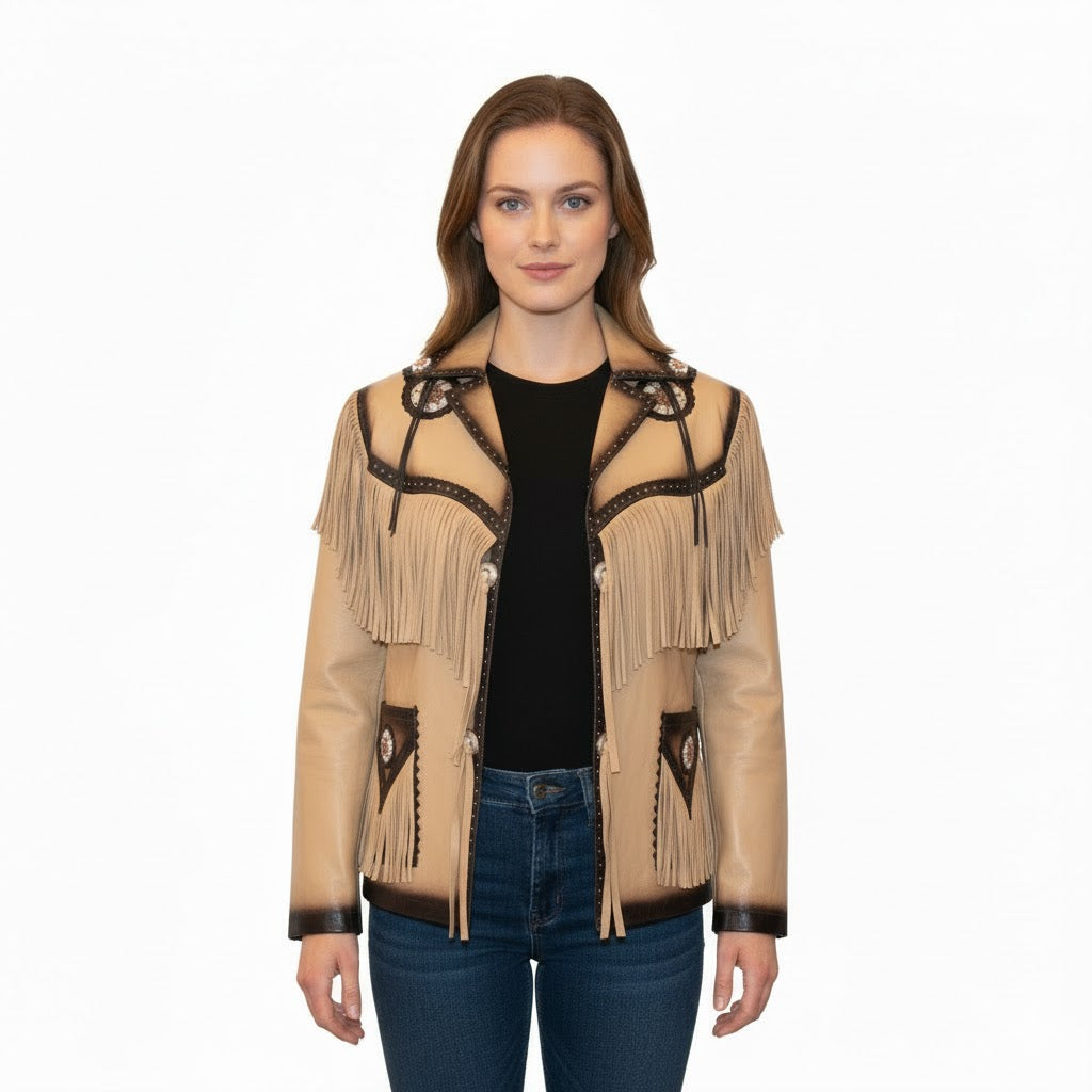 Woman wearing a beige leather jacket with fringe details on a white background
