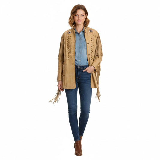 Women’s Western Beige Fringe Leather Jacket WFJ704
