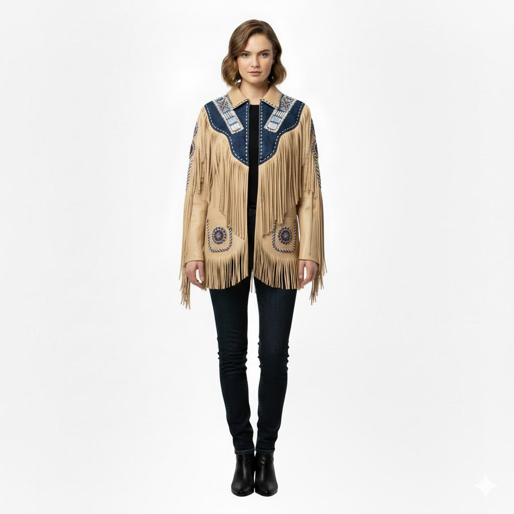 Woman wearing a beige fringed jacket with blue accents on a white background