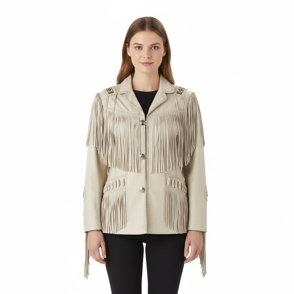 Woman wearing a beige fringed jacket on a white background