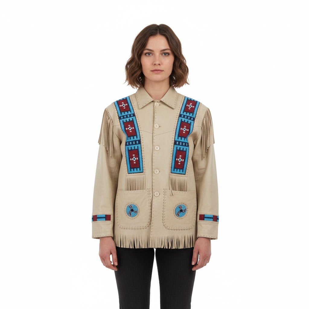 Woman wearing a beige jacket with blue and red patterns on a white background