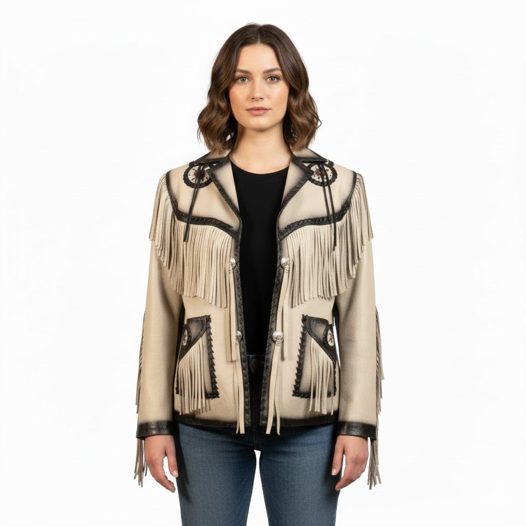 Woman wearing a beige fringed jacket with black accents on a white background