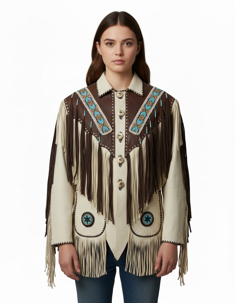 Woman wearing a western-style jacket with fringes and intricate patterns on a white background