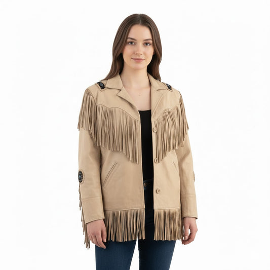 Woman wearing a beige fringed jacket on a white background