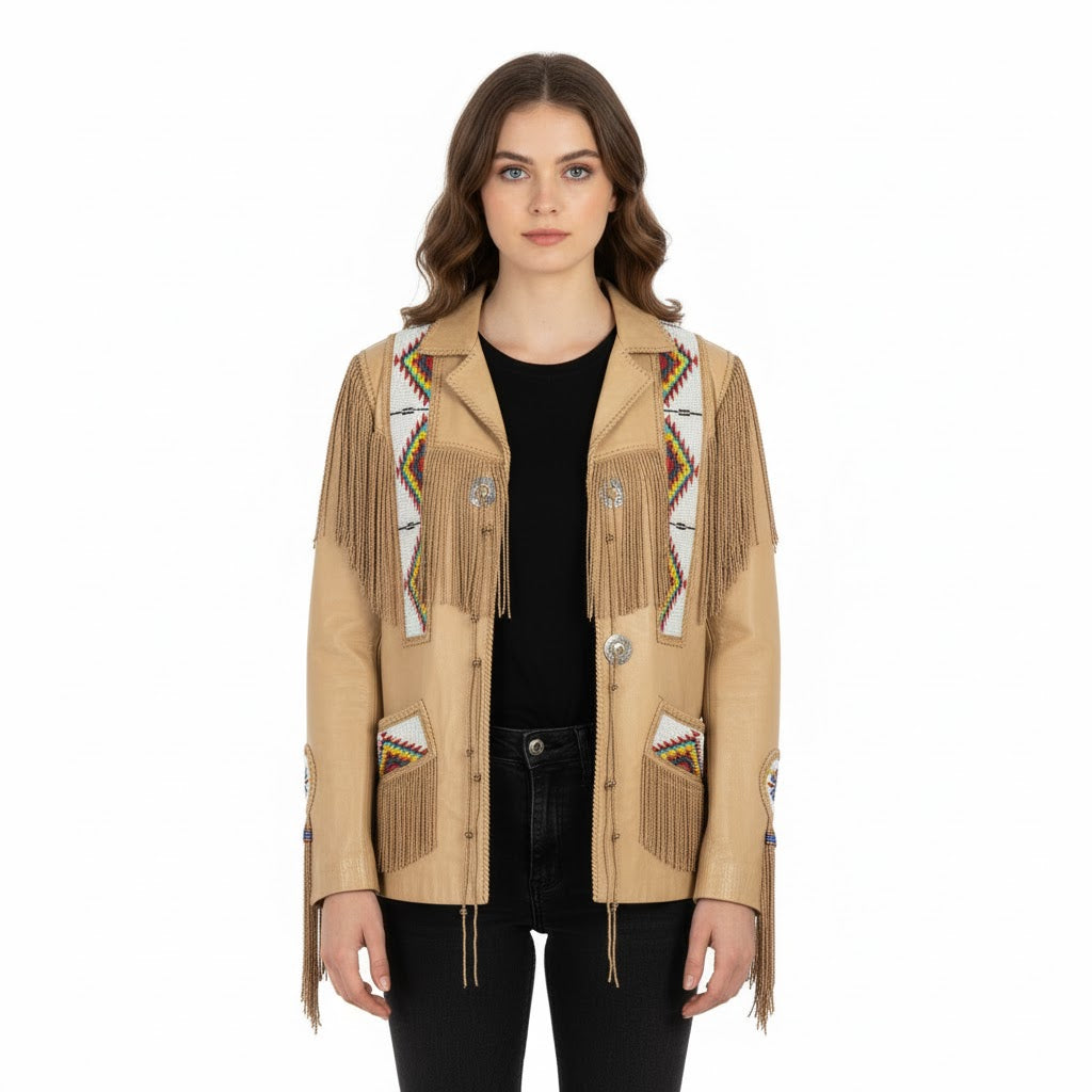 Woman wearing a beige jacket with fringes and patterned shoulder designs on a white background