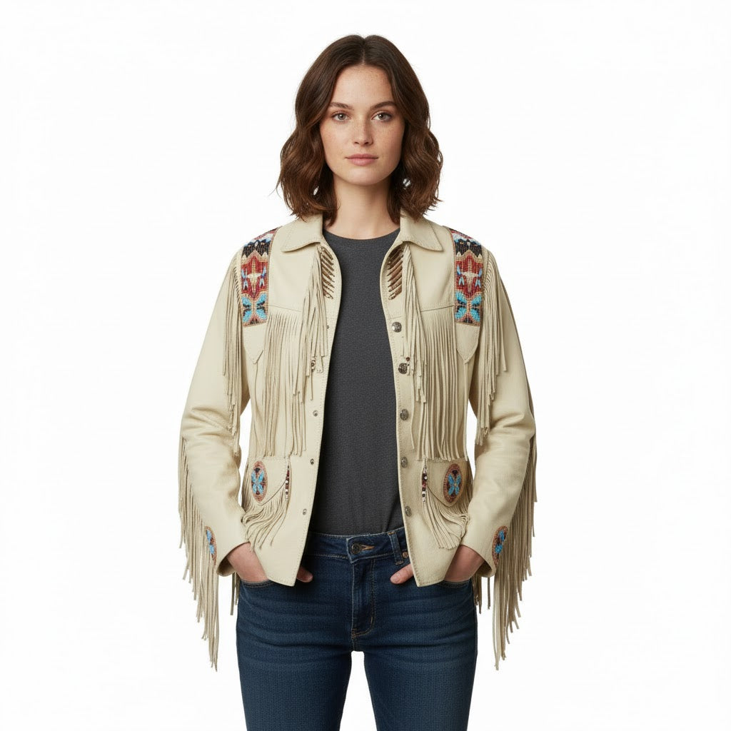 Woman wearing a beige leather jacket with colorful patterns and fringes on a white background