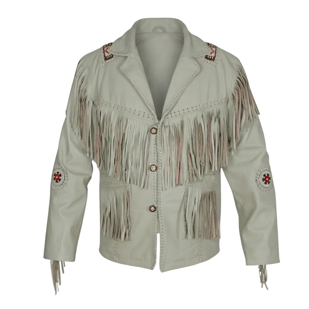 Beige leather jacket with fringes and decorative patches on a white background