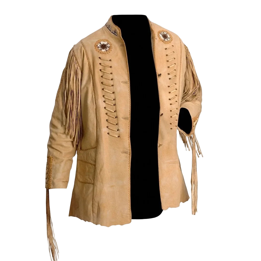 A beige suede fringe jacket with decorative circular chest medallions and lace-up front details, displayed on a black mannequin torso against a white background.
