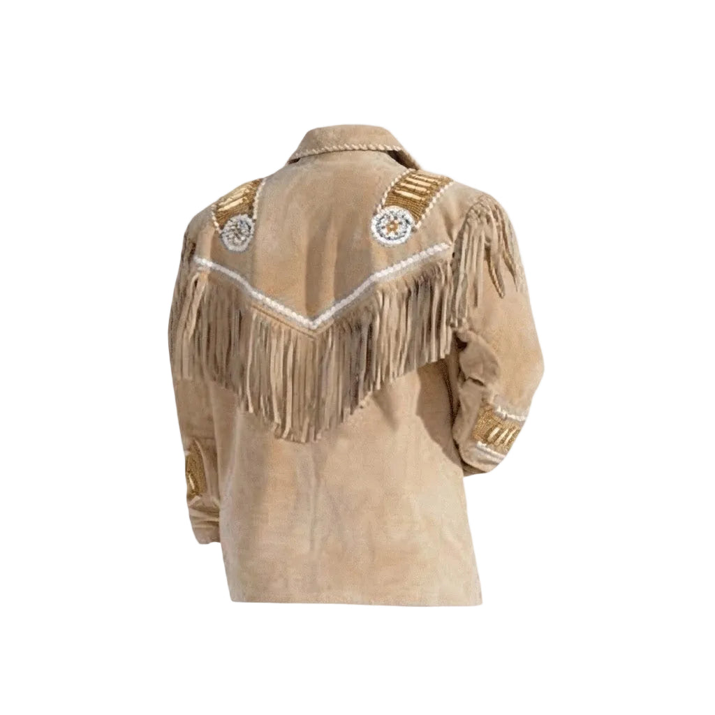 A beige suede fringed shirt jacket shown from the back, featuring gold and white embroidered details and fringe across the upper back and sleeves, set against a plain white background.