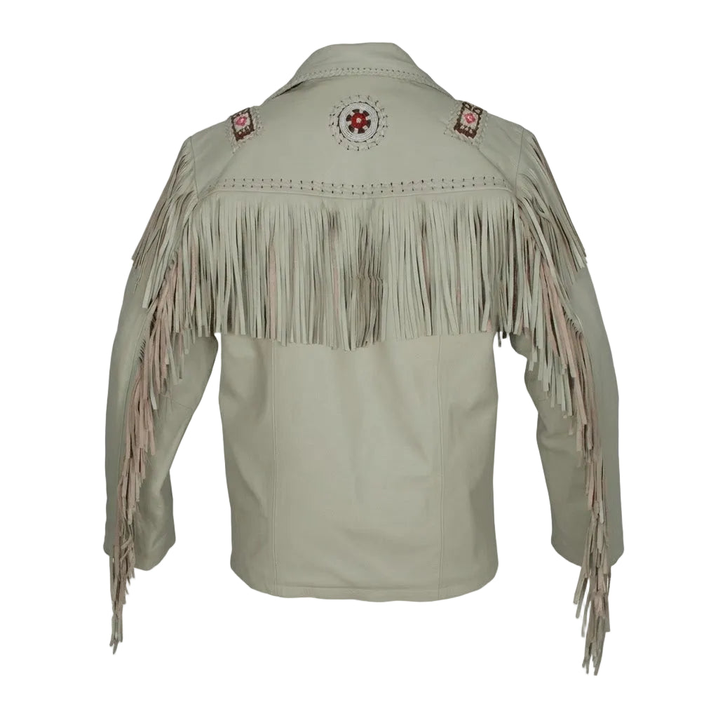 A light beige leather fringed jacket shown from the back, featuring a central circular star design and embroidered details on the shoulders, set against a plain white background.