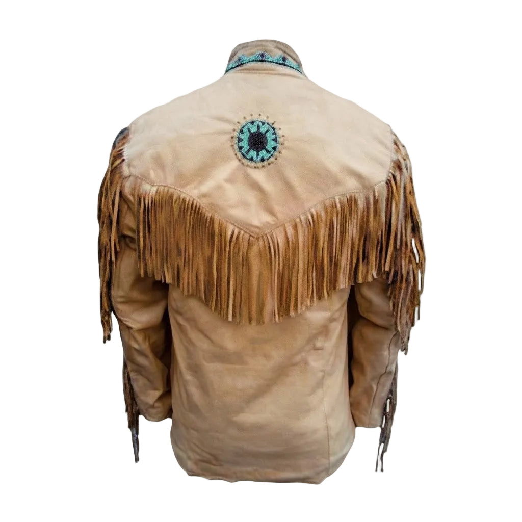 A beige leather fringed jacket shown from the back, featuring a circular turquoise and black beaded design on the upper back and a matching turquoise pattern on the collar.