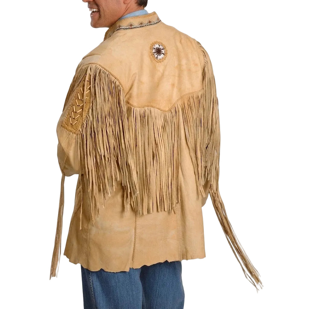 A man wearing a beige suede fringe jacket, shown from the back. The jacket features a large circular embroidered patch on the upper back, decorative braided embroidery on the right shoulder, and long fringe hanging from the shoulders and sleeves.