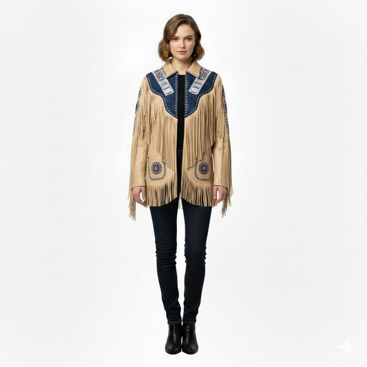 Woman wearing a beige fringed jacket with blue accents on a white background