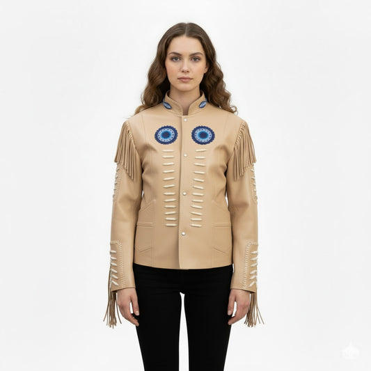 Beige leather jacket with fringe and blue eye designs on a white background