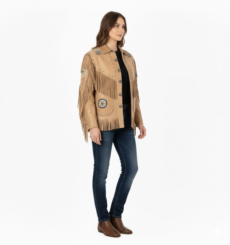 Woman wearing a beige fringed jacket with decorative elements on a white background