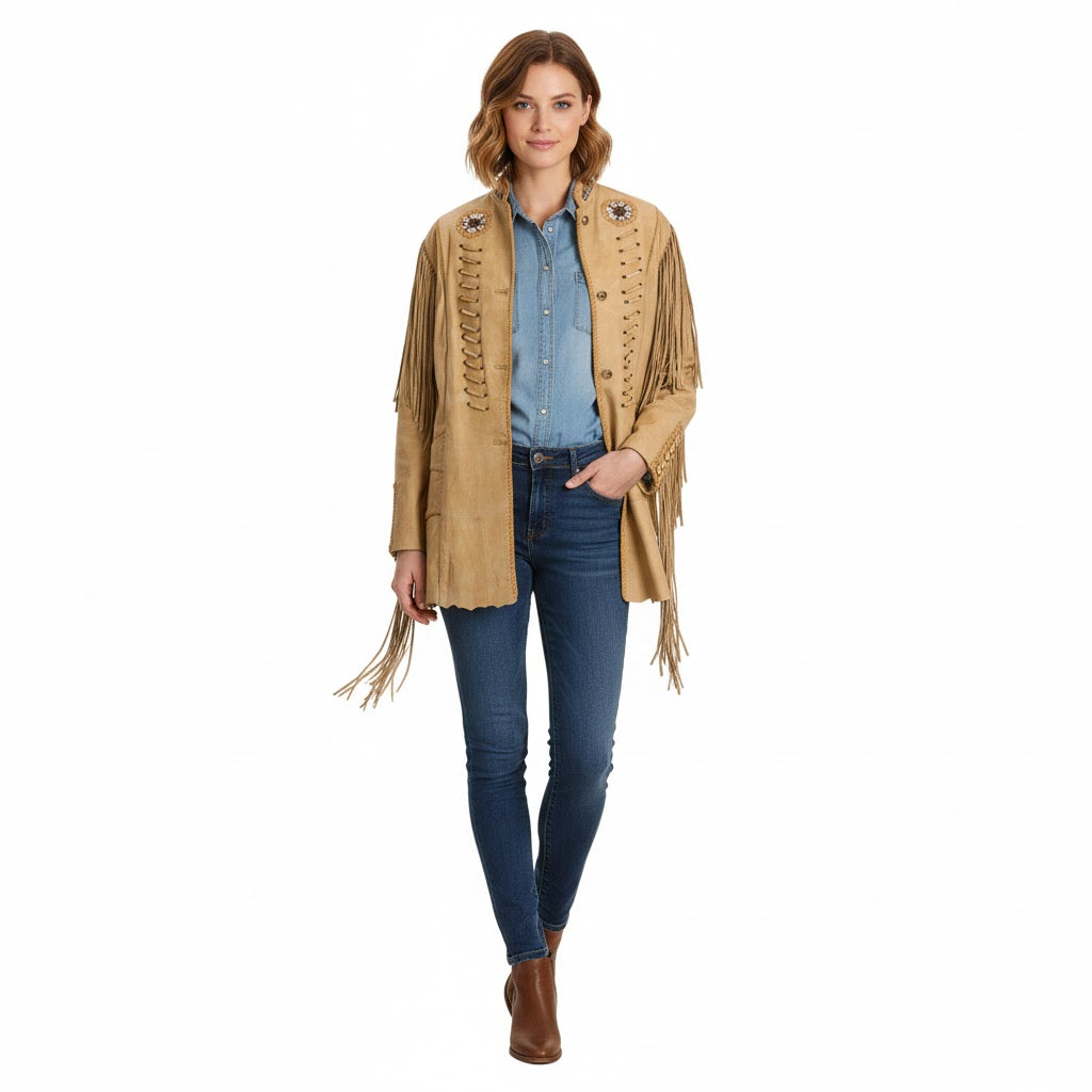 Women’s Western Beige Fringe Leather Jacket WFJ704