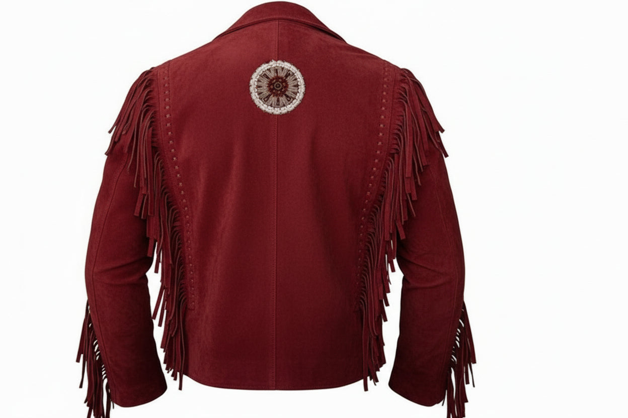 red leather jacket with fringe details on a white background