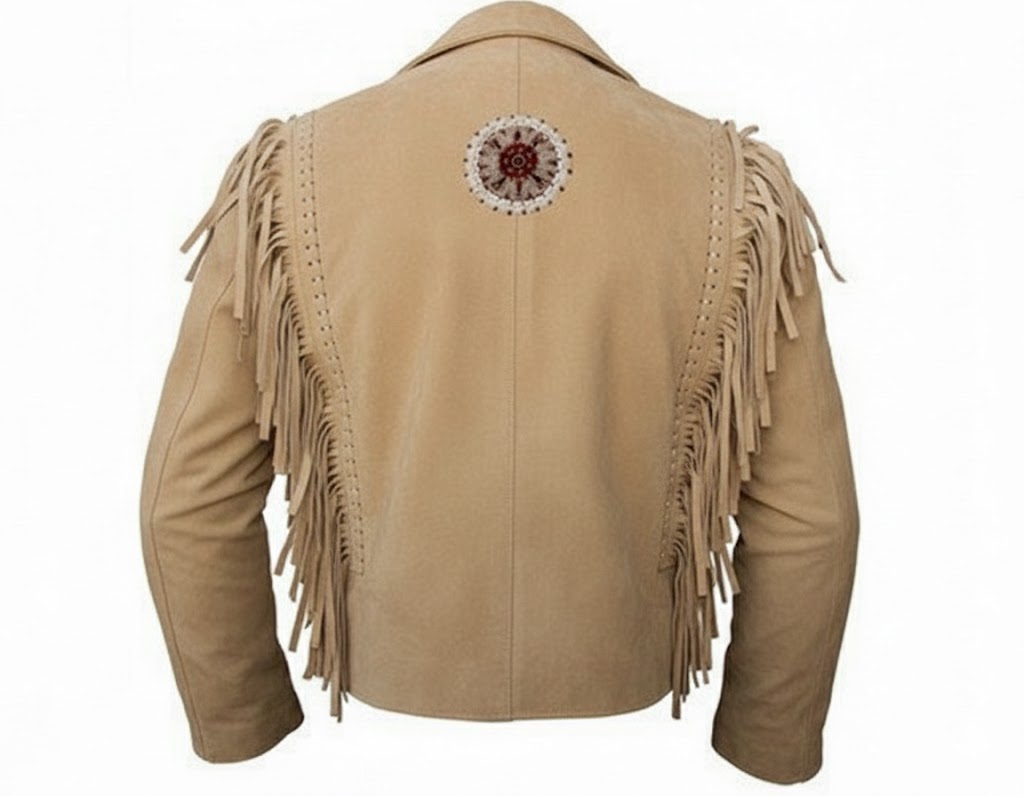 Beige leather jacket with fringe details on a white background