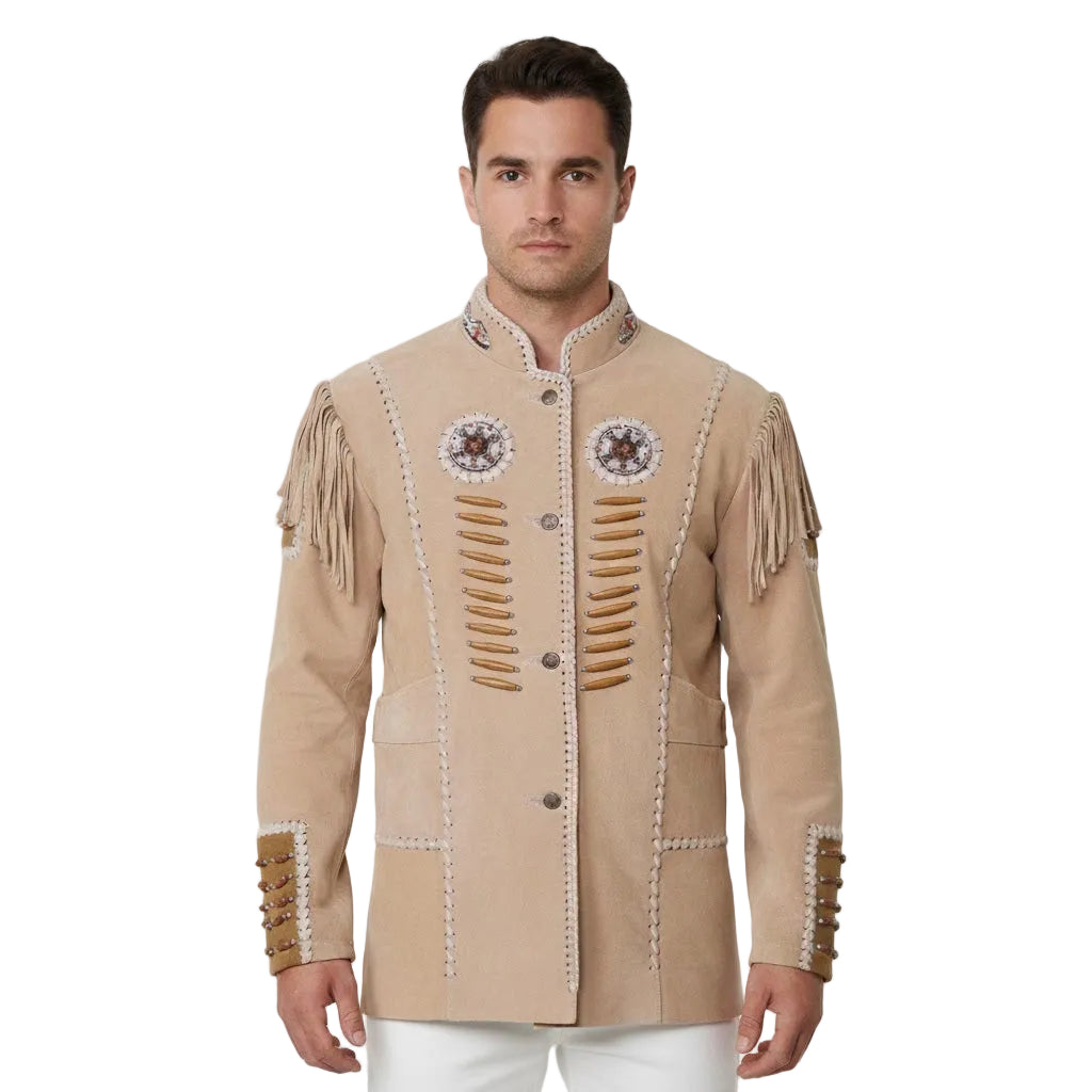Man wearing a beige traditional jacket with decorative elements on a white background