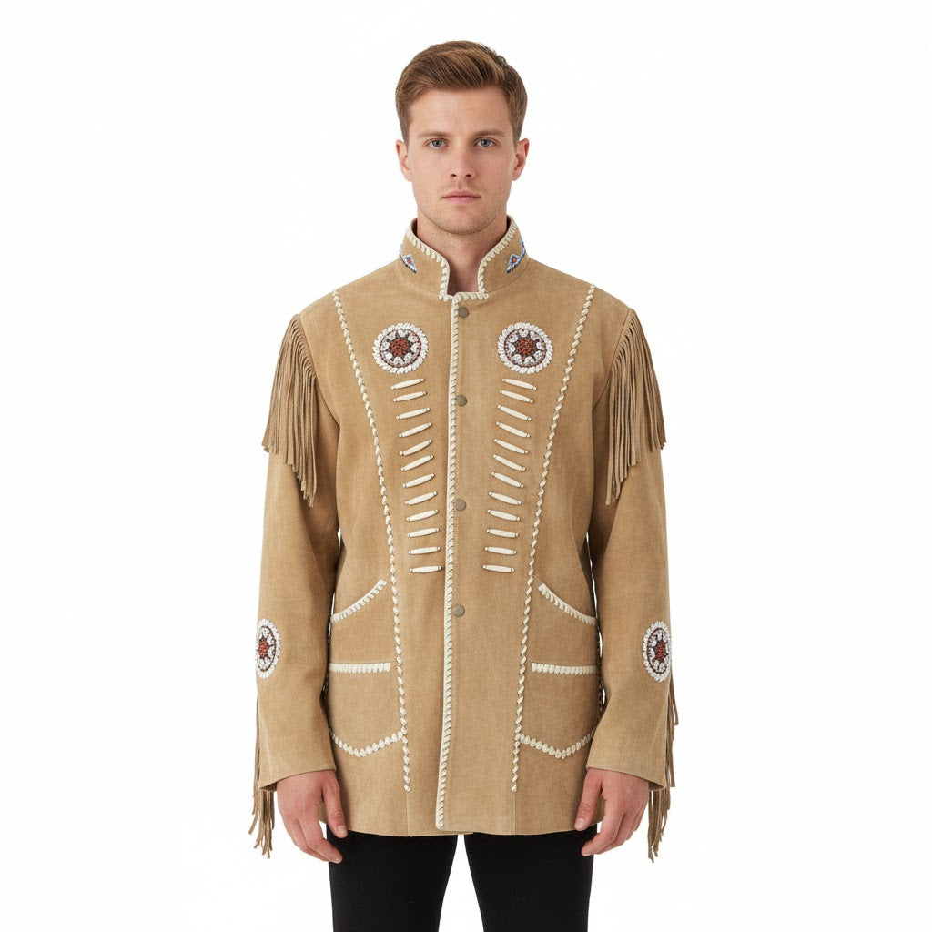 Man wearing a Beige Native American style jacket with white embroidery and fringes on a white background