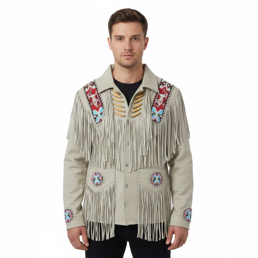 Western Beige Fringe Beaded Suede Leather Jacket Cowboy Jacket LWJ5150