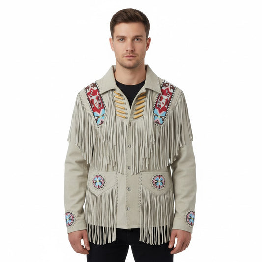 Western Beige Fringe Beaded Suede Leather Jacket Cowboy Jacket LWJ5150