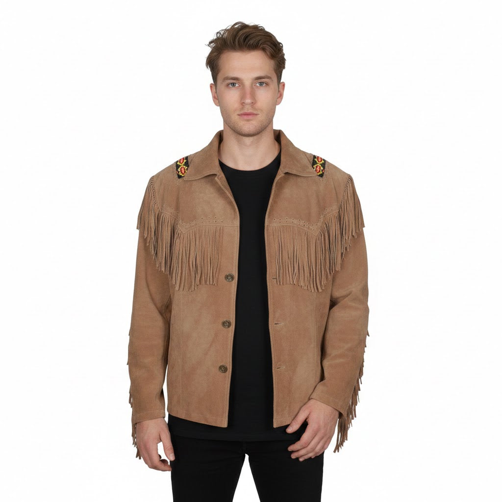 Man wearing a Brown suede jacket with fringe details on a white background