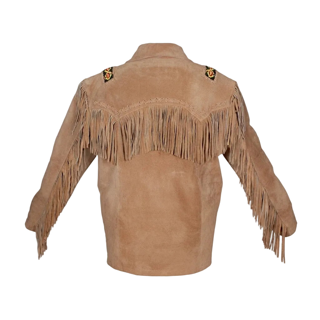 A beige suede fringe jacket shown from the back, featuring long fringe across the shoulders and down the sleeves, with small embroidered details on the upper shoulders, set against a plain white background.