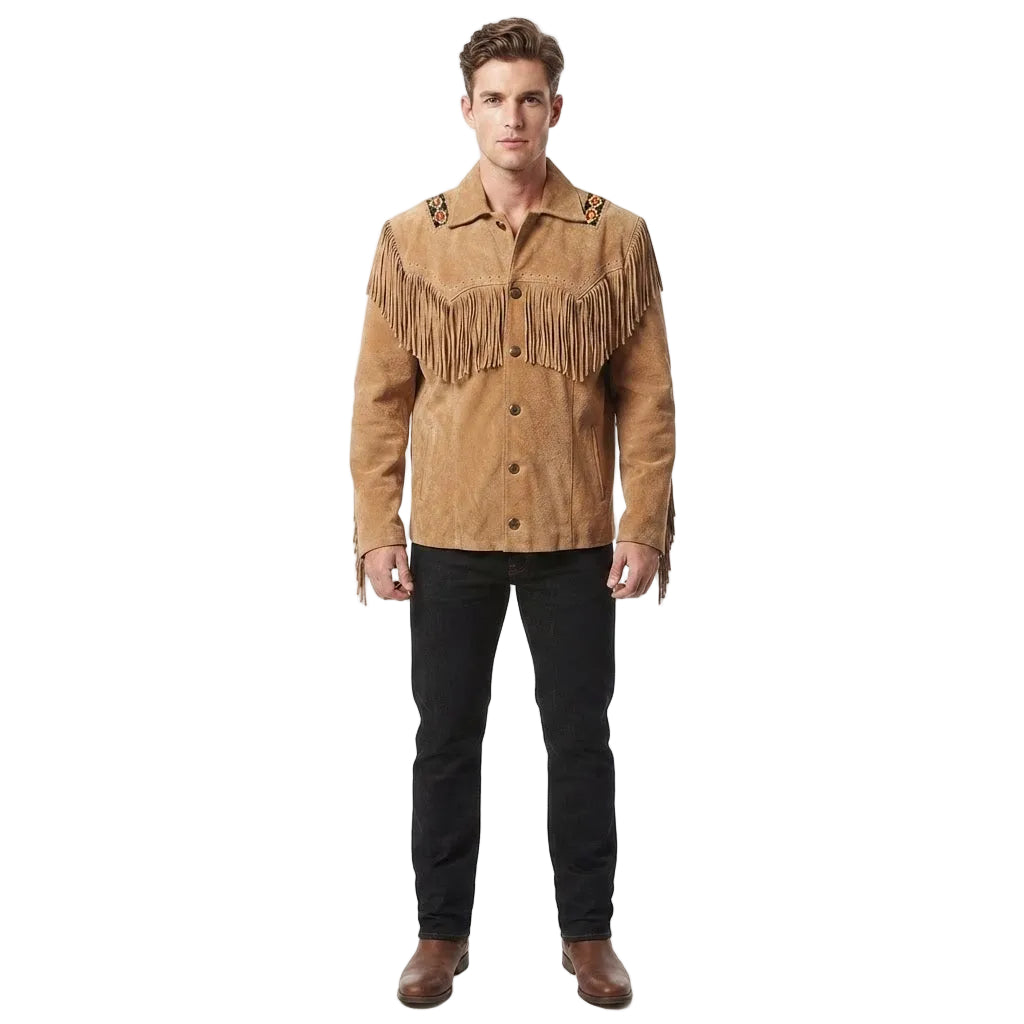 A man modeling a beige suede fringe jacket with dark buttons, paired with black jeans and brown boots, against a solid white background.