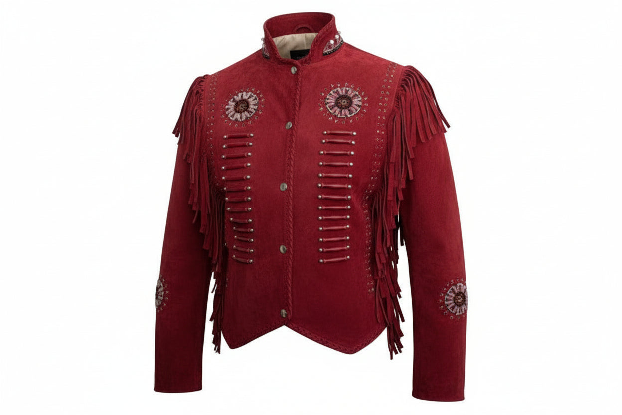 red suede leather jacket with fringe and decorative elements on a white background