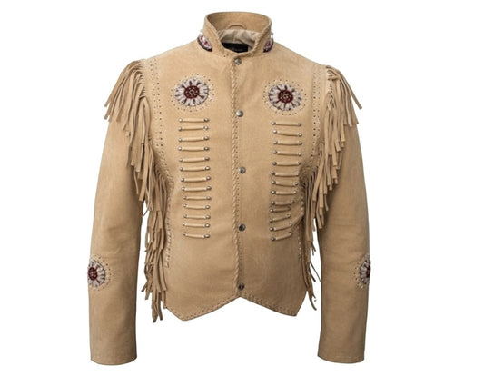 Beige leather jacket with fringe and decorative elements on a white background