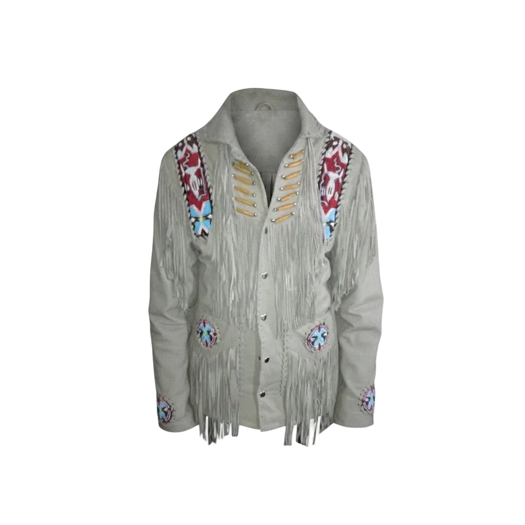 A light gray fringed jacket with colorful geometric beadwork and embroidery on the shoulders, chest, and cuffs, displayed on a mannequin against a white background.